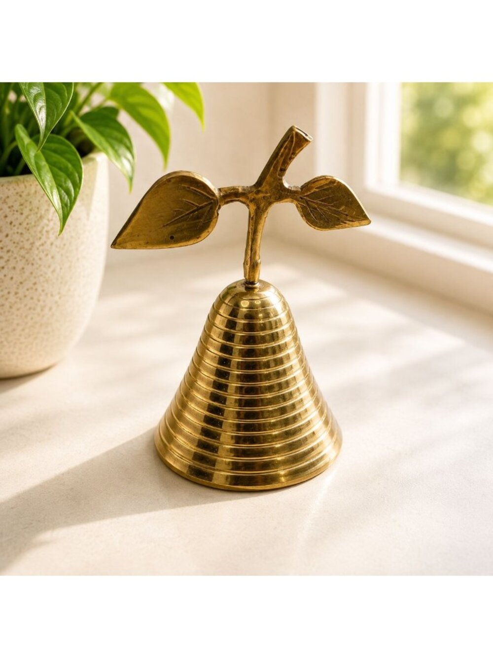 Vintage Brass Bell With Leaf Handle - Ribbed Design - Decorative Collectible - 6